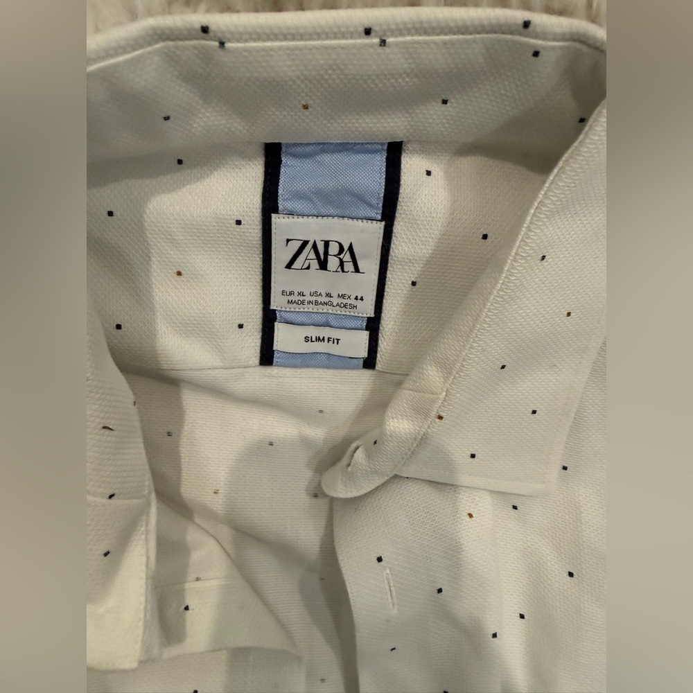 Zara White Long-Sleeve Shirt with Tiny Black Polka Dots